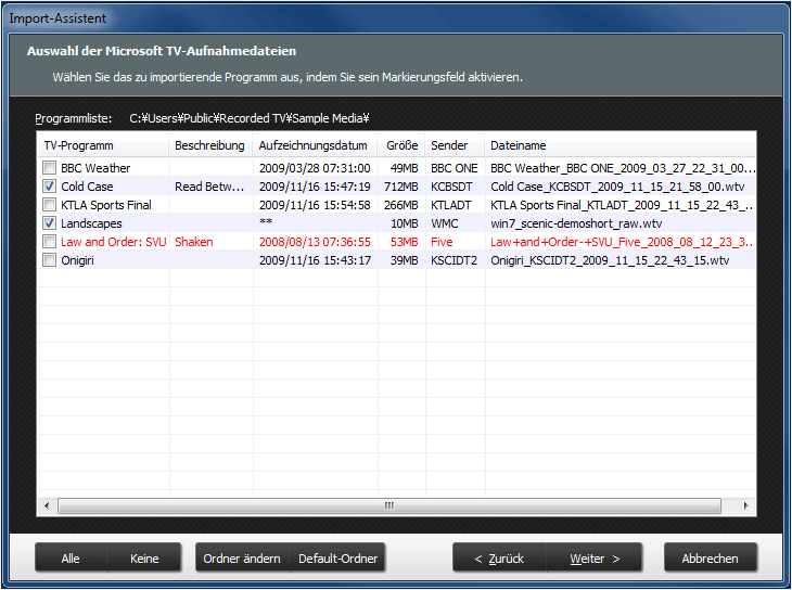 Aufnahmedatei aus Windows Media Center importieren