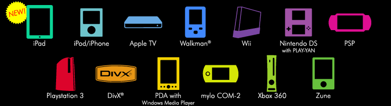 Convert for these devices: iPod, iPhone, Apple TV, Wii, Nintendo DS with PLAY-YAN, PSP (Playstation Portable), Playstation 3, DivX®, PDA's with Windows Media Player, Sony mylo COM-2, Xbox 360, and Zune.