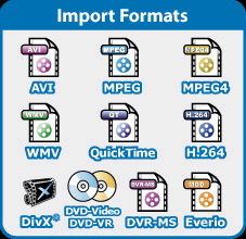 Import Formats: AVI, MPEG, MPEG4, WMV, QuickTime, H.264, DivX&reg;, DVD-Video, DVD-VR, DVR-MS (Windows Media Center recording), Everio (JVC HDD camcorder format)