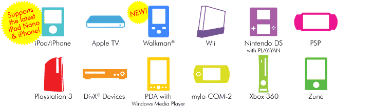 Convert for these devices: iPod, iPhone, Apple TV, Wii, Nintendo DS with PLAY-YAN, PSP (Playstation Portable), Playstation 3, DivX&reg;, PDA's with Windows Media Player, Sony mylo COM-2, Xbox 360, and Zune.