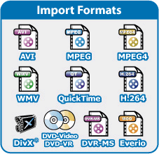 Import Formats: AVI, MPEG, MPEG4, WMV, QuickTime, H.264, DivX&reg;, DVD-Video, DVD-VR, DVR-MS (Windows Media Center recording), Everio (JVC HDD camcorder format)