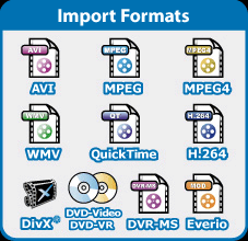 Import Formats: AVI, MPEG, MPEG4, WMV, QuickTime, H.264, DivX®, DVD-Video, DVD-VR, DVR-MS (Windows Media Center recording), Everio (JVC HDD camcorder format)