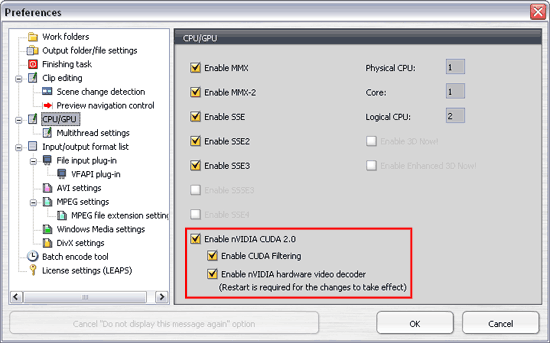 CUDA preferences in TMPGEnc 4.0 XPress